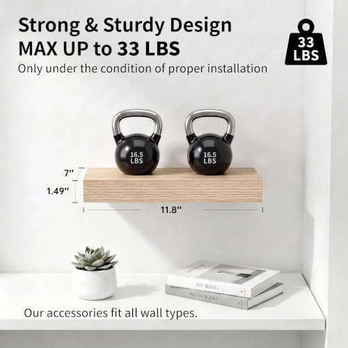 Oak Floating Shelves for Wall, 12 Inch Wooden Wall Shelf Set of 2 - Image 4