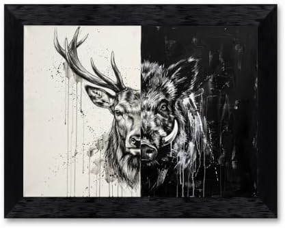 Framed Canvas Wall Art Modern Mixed Media Monochrome Stag and Boar Dualistic by Unknown