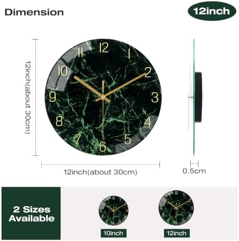 VIKMARI 12inch Emerald Green Abstract Marble Glass Wall Clock Kitchen Decor - Image 2