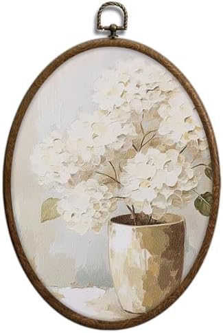 Vintage White Hydrangea Oval Wall Art, Spring Floral Flowers Oval Framed Wall by Unknown