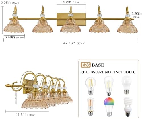 Vintage Bathroom Vanity Light, 5-Light Brushed Gold Finish Wall Sconce - Image 6