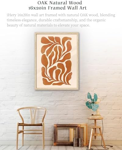 iHery 16x20in Natural OAK Wood Framed Burnt Orange Botanical Wall Art - Image 2