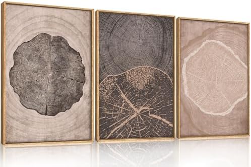 HOURIA Tree Ring Abstract Neutral Brown Framed Canvas Wall Art Set, Mid Century by HOURIA