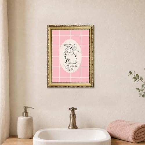 Cute Pink Bathroom Cat Wall Art Welcome to the Bathroom Sign Trendy Animal - Image 6