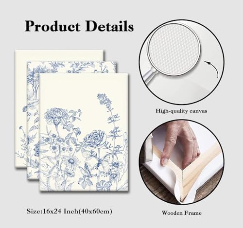 Blue Botanical Canvas Wall Art, 3 Piece Gallery Wrapped Set, 16x24 Inch - Image 5