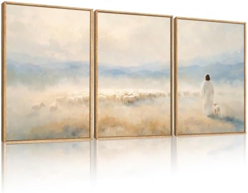 HOURIA Christian Jesus The Good Shepherd Framed Canvas Wall Art Set, Religious by HOURIA