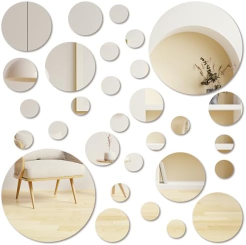 30 Pcs Round Mirror Tiles Self Adhesive, Mirror Wall Decals, Circular Glass by Bremorou
