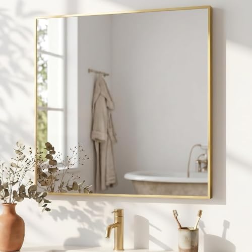 30"x30" Satin Gold Framed Square Bathroom Vanity Wall Mirror by Pocetry