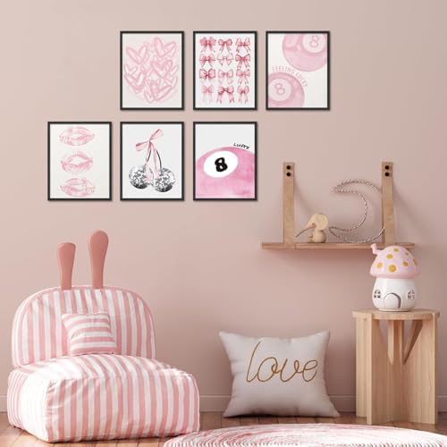 Cute Pink Girl Poster Set of 6, Light Pink Coquette Wall Art Trendy Lucky 8 - Image 4