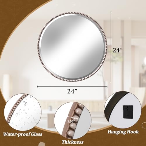 24'' Round Bathroom Mirror, Beaded Circle Decorative Wall Mirror - Image 5