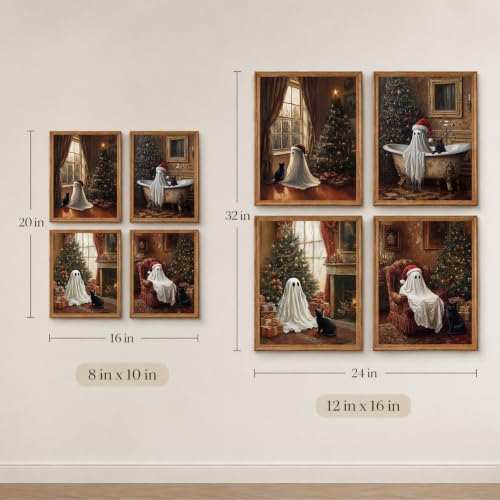 4Pcs Framed Vintage Christmas Cute Ghost And Black Cat Wall Art 12x16inch - Image 7