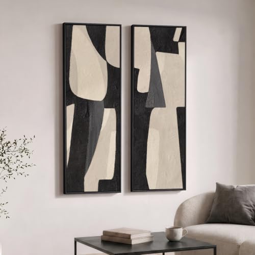Framed Black Beige Abstract Long Vertical Wall Art by Cuspin