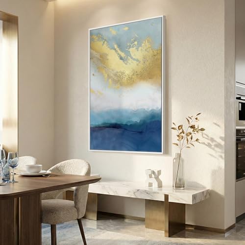 Large Framed Blue Gold Abstract Wall Art, Vertical 1 Piece 32x48 In - Image 2