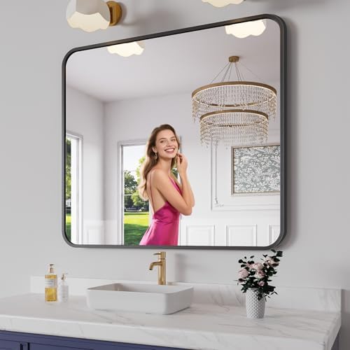 Koonmi Bathroom Mirror, 36X40 Brushed Black Rectangle Wall Mirror, HD Tempered by KOONMI