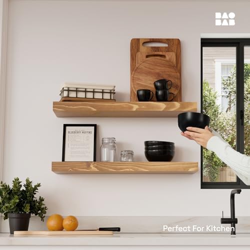 Natural Wood Floating Shelves for Wall 24 inch Oak, Wooden Bathroom Shelf - Image 2