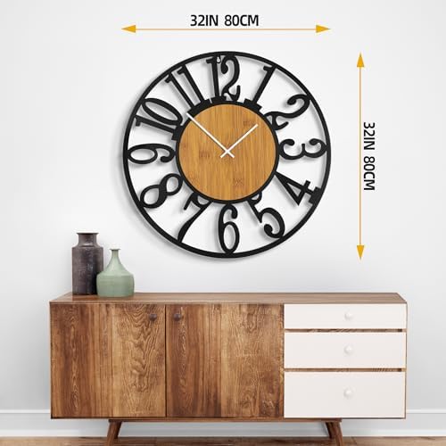 32" Extra Large Wall Clock, Silent Rustic Metal Wood Face Decorative Clock - Image 2