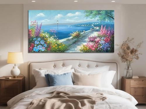 Arjun Blue Coastal Landscape Canvas Wall Art Extra Large Framed 58"x29" - Image 4
