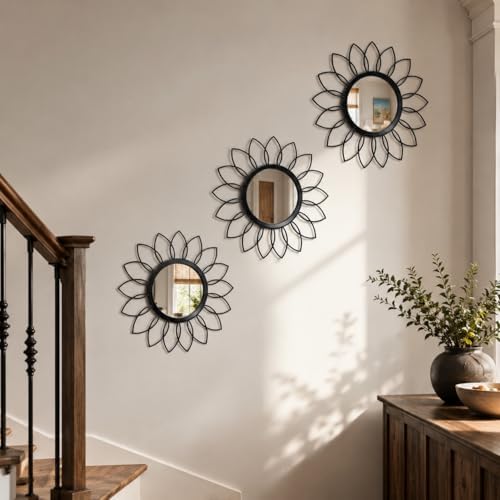 Black Flower Mirror Set of 3, Floral Petal Accent Mirror Wall Decor - Image 6