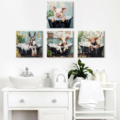 Funny Animal Bathroom Wall Art Farmhouse Cow Pictures Wall Decor Cute Highland - Image 4
