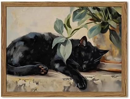 Framed Black Cat Canvas Wall Art, Vintage Sleeping Cat by Unknown