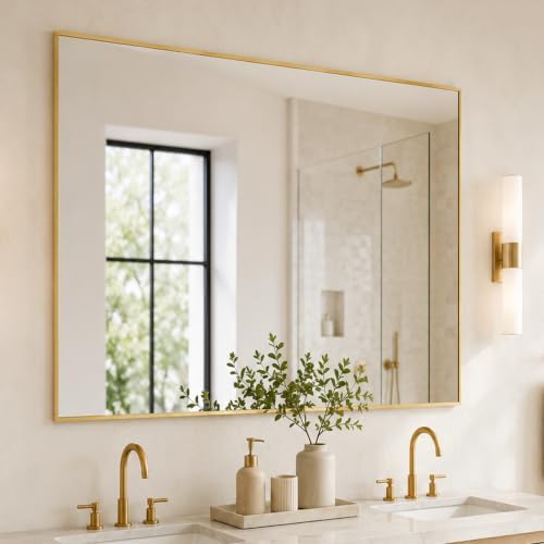 48"x36" Brushed Gold Large Framed Bathroom Vanity Wall Mirror by Pocetry