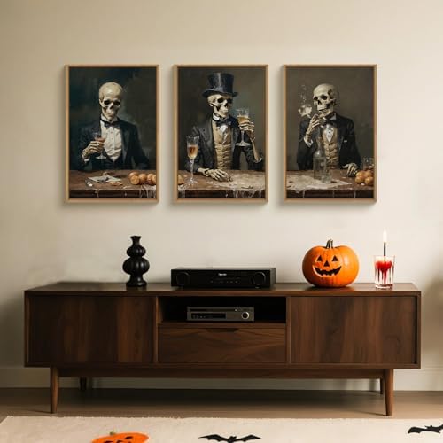 FWIEXA Halloween Skeleton Canvas Wall Art Set of 3, Gothic Skull Framed - Image 4