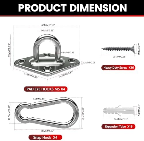 sprookber 304 Stainless Steel Pad Eye Snap Hook, M5 Ceiling Hook 500Lb - Image 4