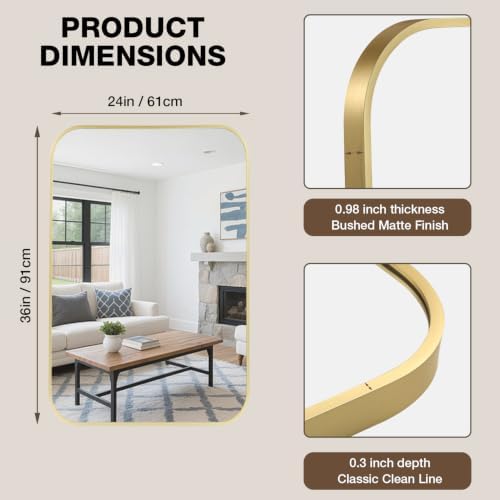 24"x36" Bathroom Mirror for Over Sink, Brushed Gold Rectangle Vanity Mirror - Image 5
