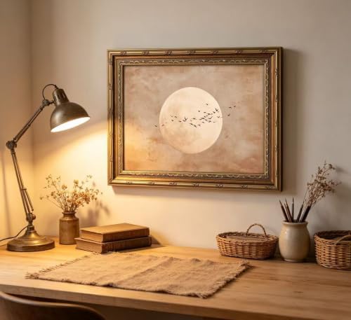 Vintage Gold Framed Minimalist Moon and Birds in Flight Wall Art, Neutral Beige - Image 7
