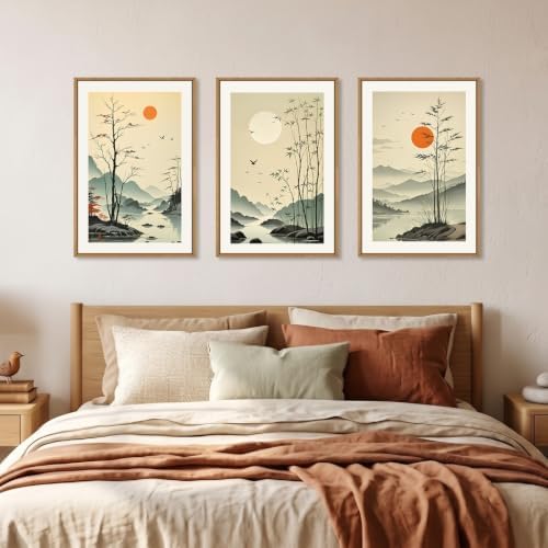 Chinoiserie Bamboo Forest Framed Canvas Wall Art Set, Nature Tree Lakes Wall - Image 4