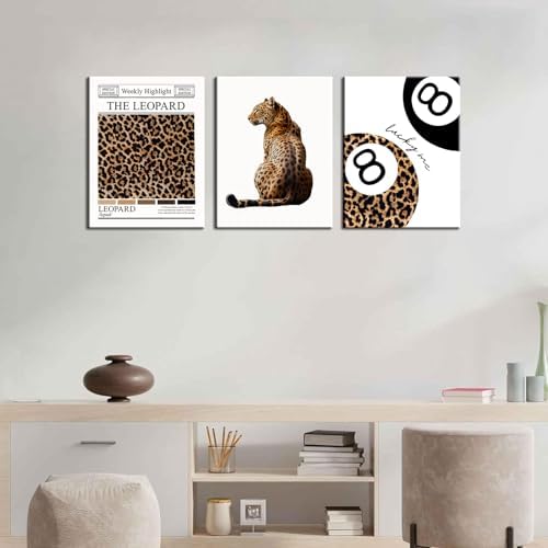 Set of 3 Trendy Leopard Canvas Wall Art Funky Lucky 8 Ball Posters Prints - Image 6