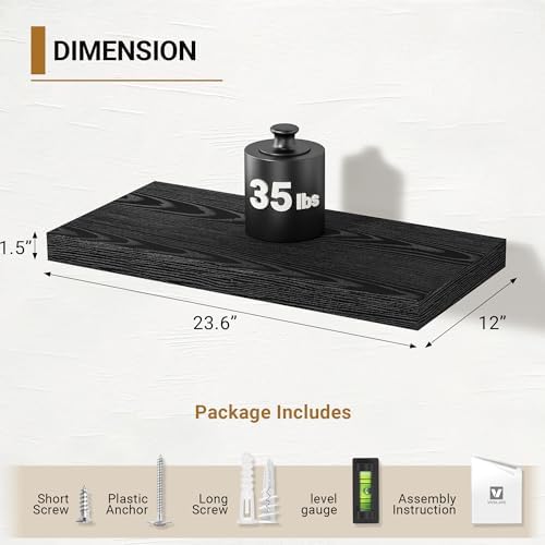 Vivelove 24 Inches Black Floating Shelves, 12 Inch Deep - Image 3
