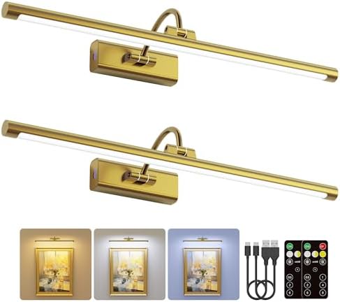 2 Pack 24" Brass Gallery Picture Lights - 8000mAh Rechargeable Battery Powered by Craftersmark
