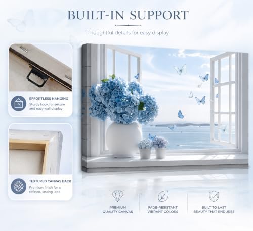 Birnsen Coastal Bathroom Canvas Wall Art Blue Hydrangea Floral Vase Butterfly - Image 7