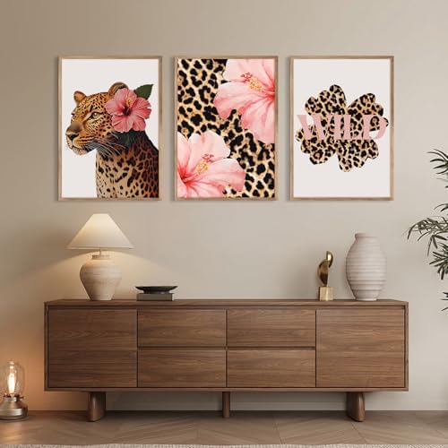 Trendy Leopard Wall Art Pink Cheetah Print Room Decor Leopard Flower Canvas - Image 3