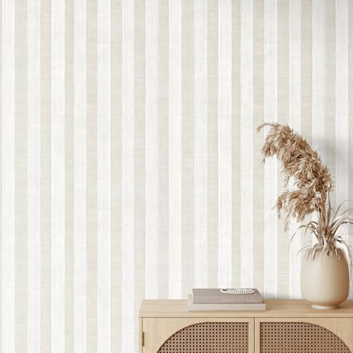 Beige and Cream White Textured Striped Peel and Stick Wallpaper, Self Adhesive by Unknown