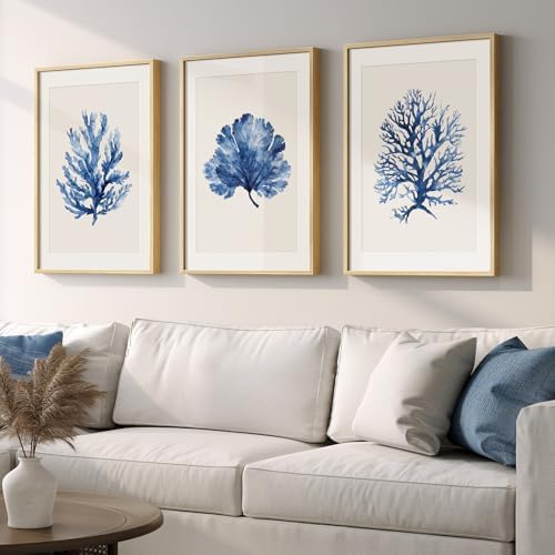 Framed Coastal Ocean Blue Coral Large Wall Art by Cuspin