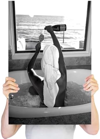 Trendy Black and White Posters Funny Woman Drinking Wine in Bathtub Wall Art - Image 3
