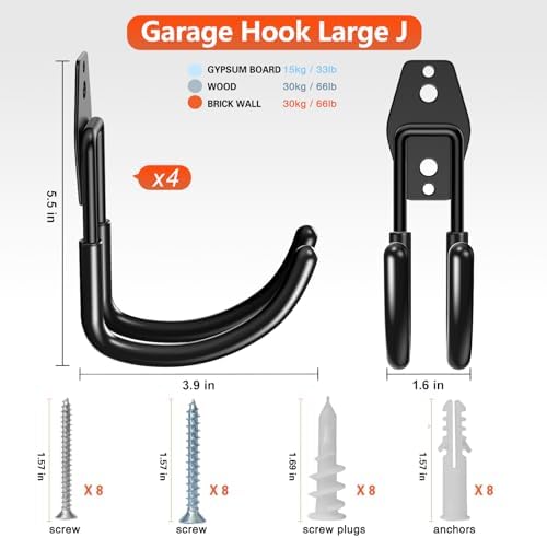 HUPBIPY Heavy Duty Garage Hooks 4 Pack, J Shaped Hanger, Wall Mounted Storage - Image 2