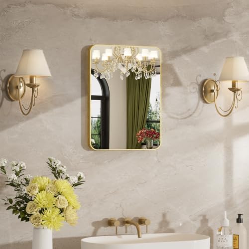 12"x16" Bathroom Mirror for Over Sink, Brushed Gold Rectangle Vanity Mirror by MZON