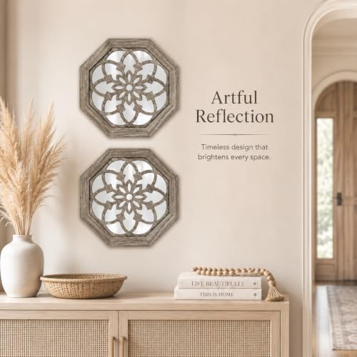 2 Pack 12 Inch Octagon Brown Rustic Wood Frame Acrylic Wall Mirrors, Farmhouse - Image 5