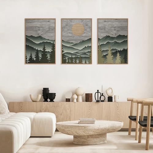 HLNIUC Mountain Framed Canvas Wall Art, Large Green Forest Woodcut Wall Decor - Image 3