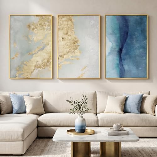Large Framed Blue Gold Abstract Wall Art by Cuspin