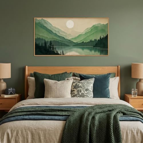 Green Boho Mountain Lake Framed Canvas Wall Art Set-40"x20"x1 - Image 4