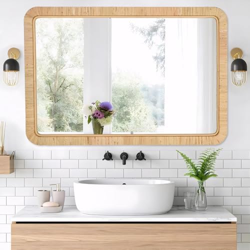 FUIN 24"x36" Rattan Wall Mirror, Natural Wicker Rectangle Bathroom Vanity Mirror - Image 7