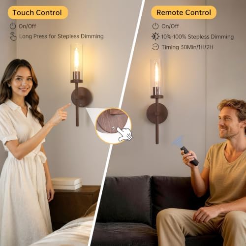 Shenmoyl Battery Operated Wall Sconces Set of 2, Walnut Color Rechargeable Wall - Image 5
