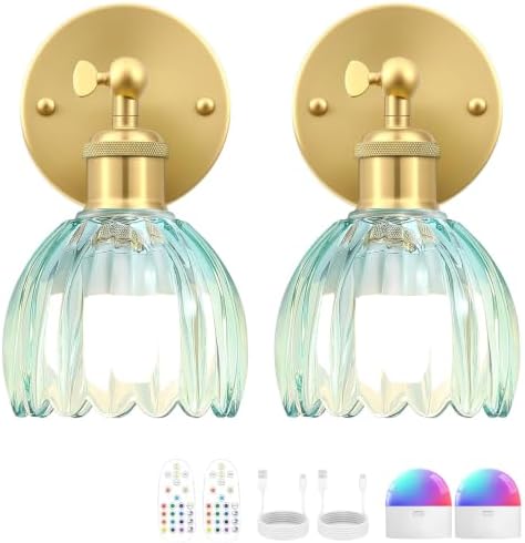 Vintage Battery Operated Wall Sconce, Sky Blue Tulip Glass Lampshade Wireless by RIDALUX