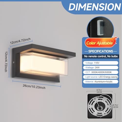 4 Pack 24W LED Outdoor Wall Lights Exterior/Interior Adjustable 3-Color Sconces - Image 4