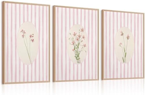Youillne Pink Flower Wall Art Striped Floral Prints Botanical Canvas Wall Decor by Youillne