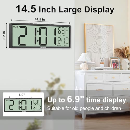 14.5" LCD Large Digital Wall Clock, Battery Operated, Auto DST Sync - Image 2